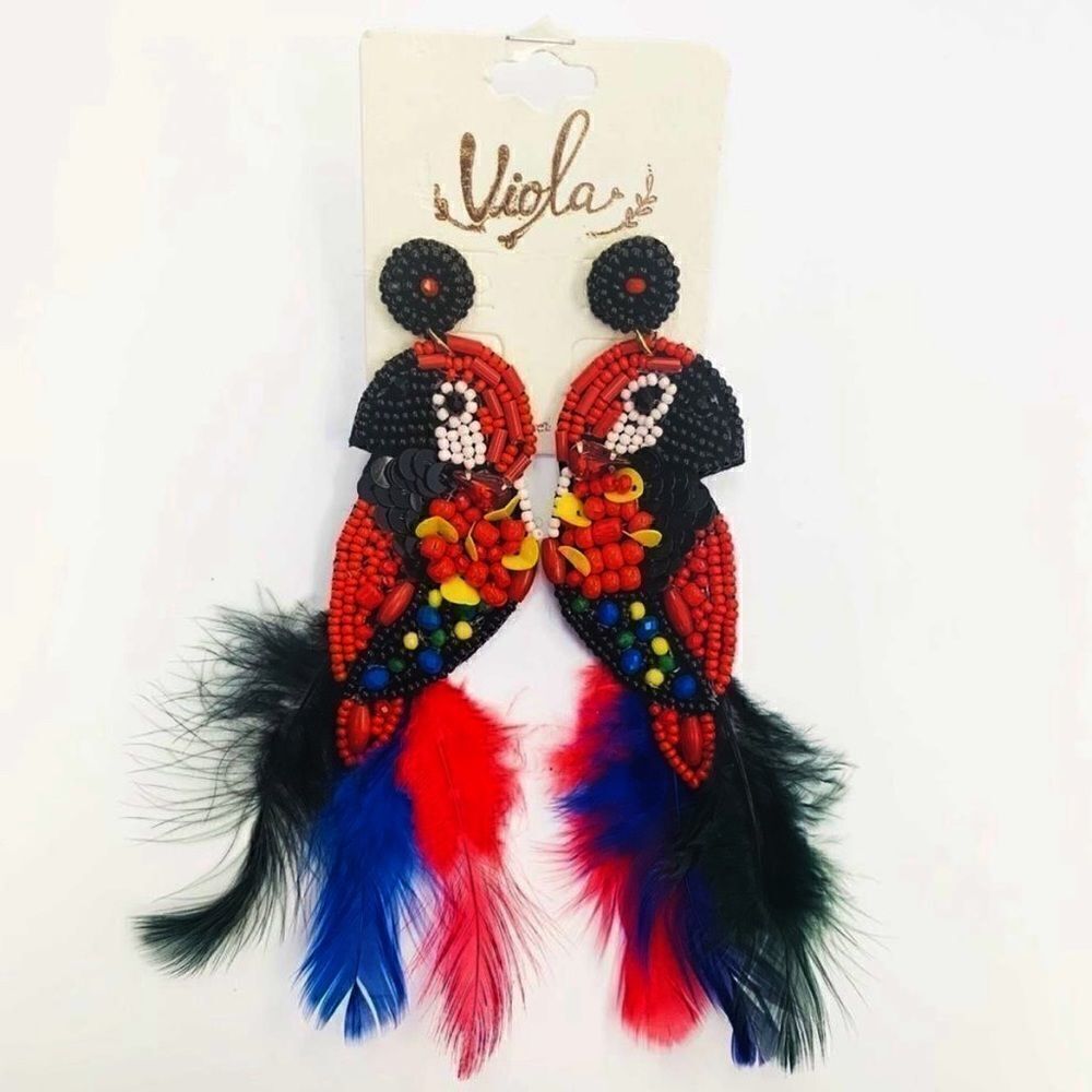 Bohemian Parrot Beaded Feather Drop Earrings